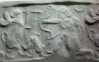 Persian hero (archer) hunting human-headed winged lion (shedu, sphinx) and wild goat (ibex)